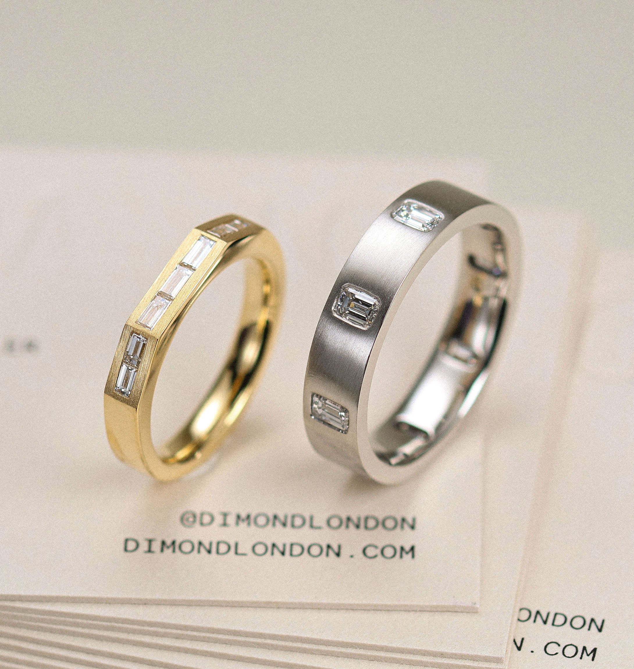 Art deco inspired men's wedding backs in gold and platinum with diamonds.